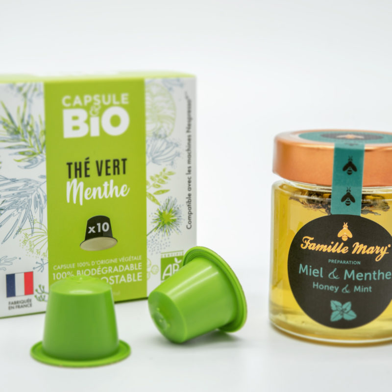 capsule thé vert menthe bio compatible nespresso biodégradble fabriquée en France et miel citron famille Mary