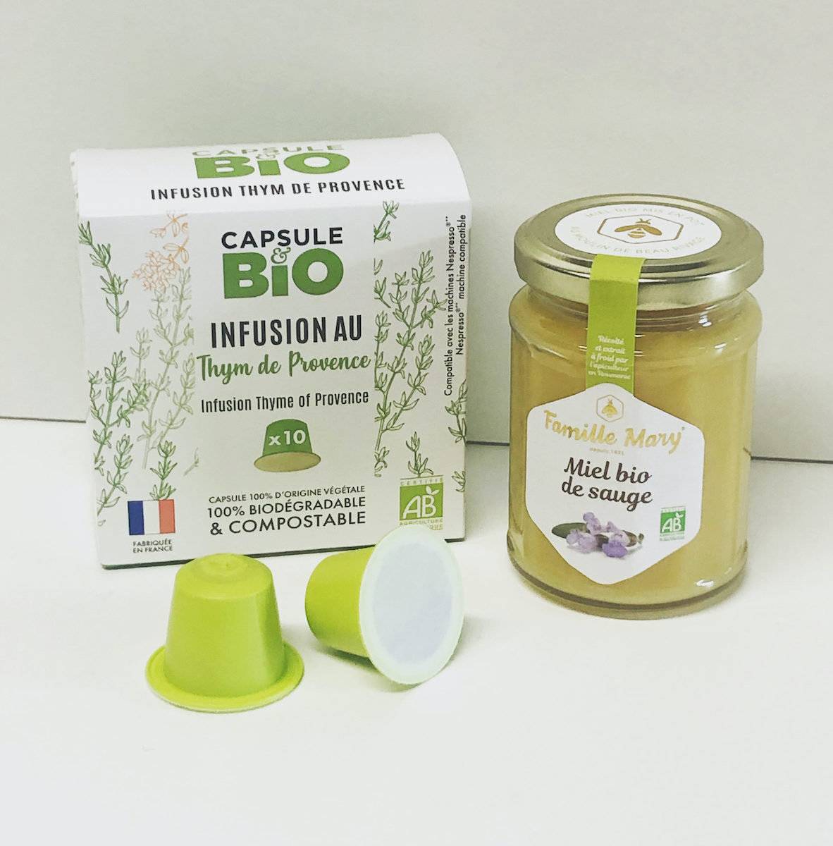 capsule tisane thym provence bio compatible nespresso biodégradble fabriquée en France et miel sauge famille Mary