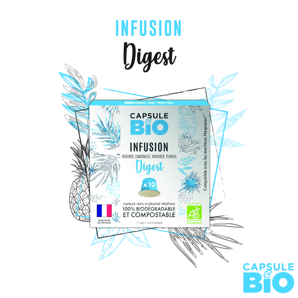 capsule rooibos bio mélange digest camomille oranger fenouil, biodégradable, compatible nespresso, fabriquée en France