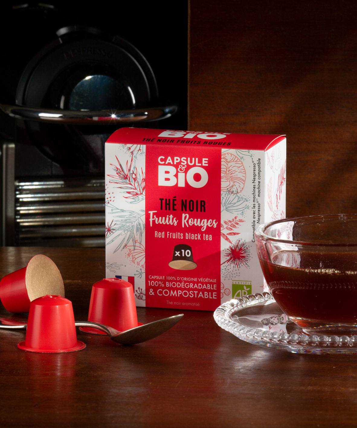 capsule thé noir bio fruits rouges, capsules compatibles machines café nespresso, capsules biodégradables, made in France par Capsulebio