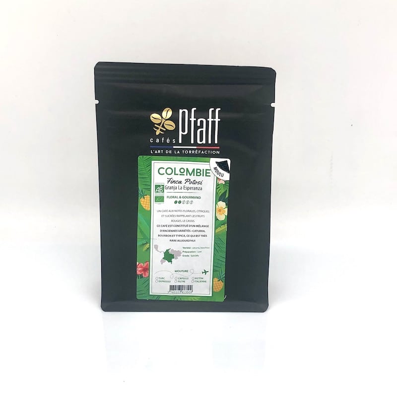 Sachet 250g café Colombie, torréfié moulu Finca Potosi, intensité de goût 2 sur 5, 100% arabica, mouture idéale capsule rechargeable inox, par Pfaff meilleur torréfacteur café de France pour capsule café réutilisable