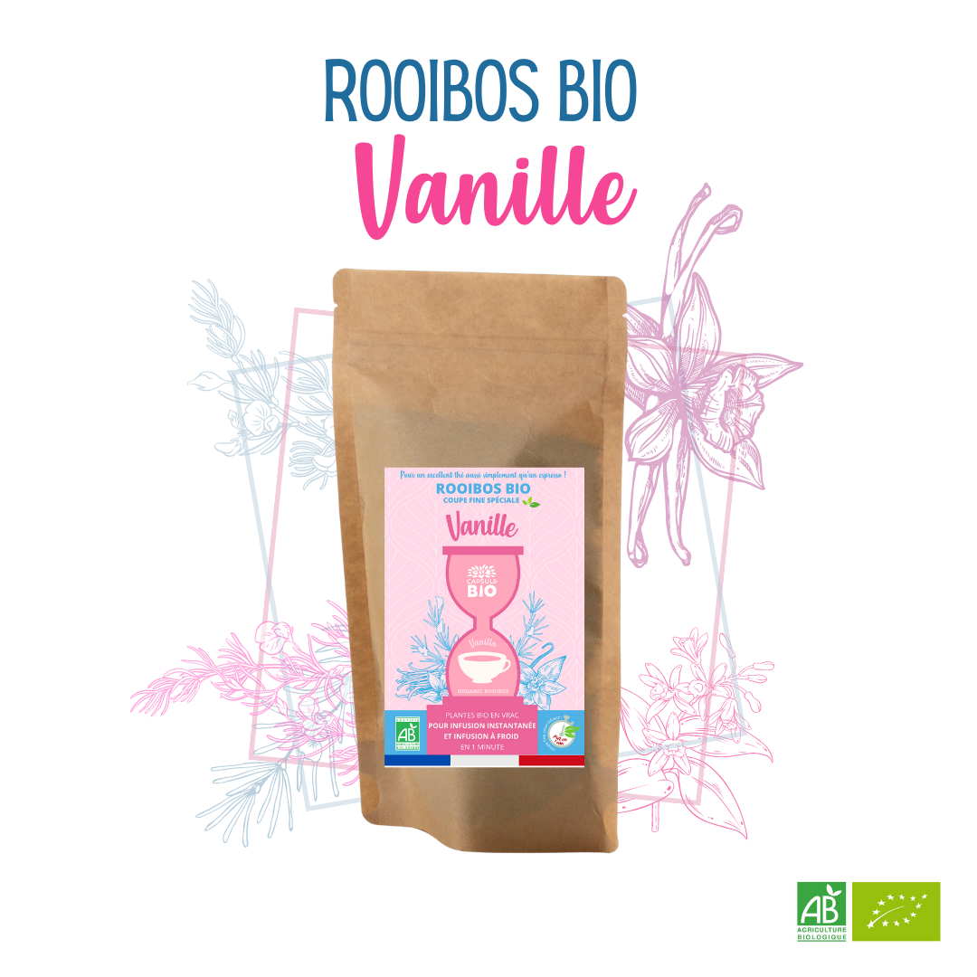 Rooibos bio VANILLE, feuilles d'infusion en vrac - coupe fine spéciale