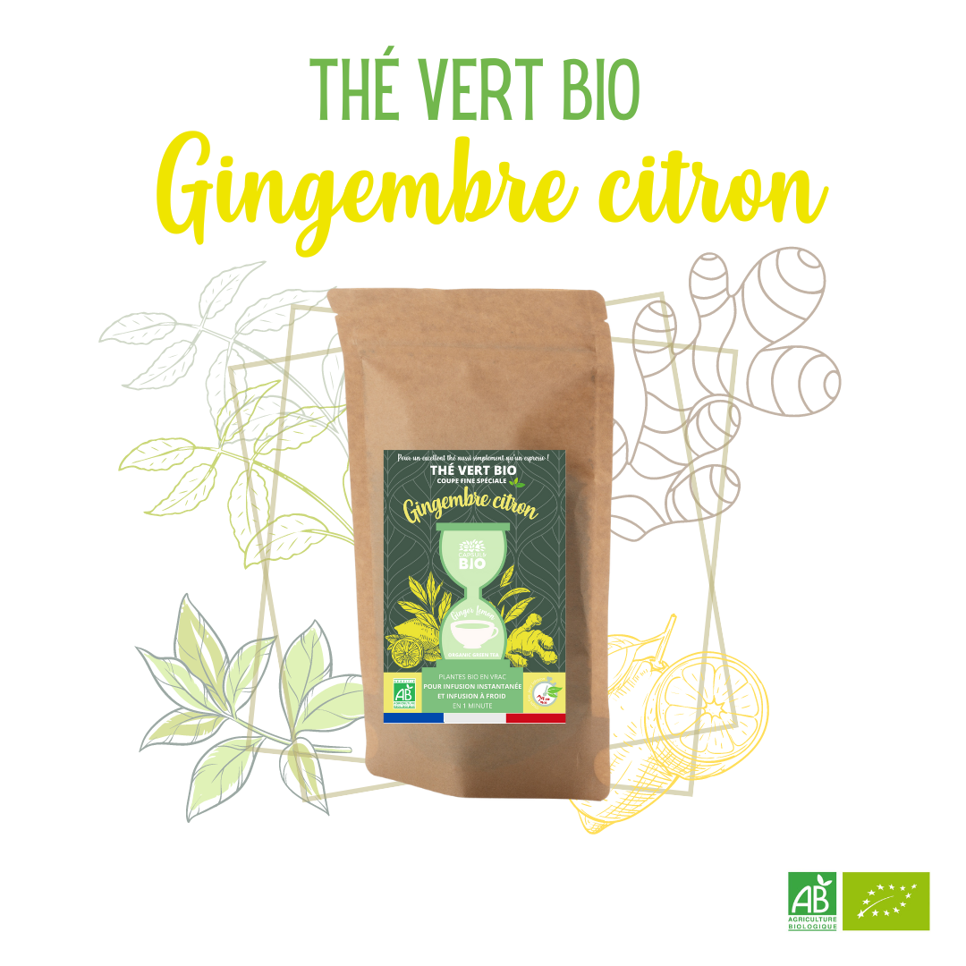 Thé vert GINGEMBRE CITRON, feuilles de thé en vrac - coupe fine spéciale