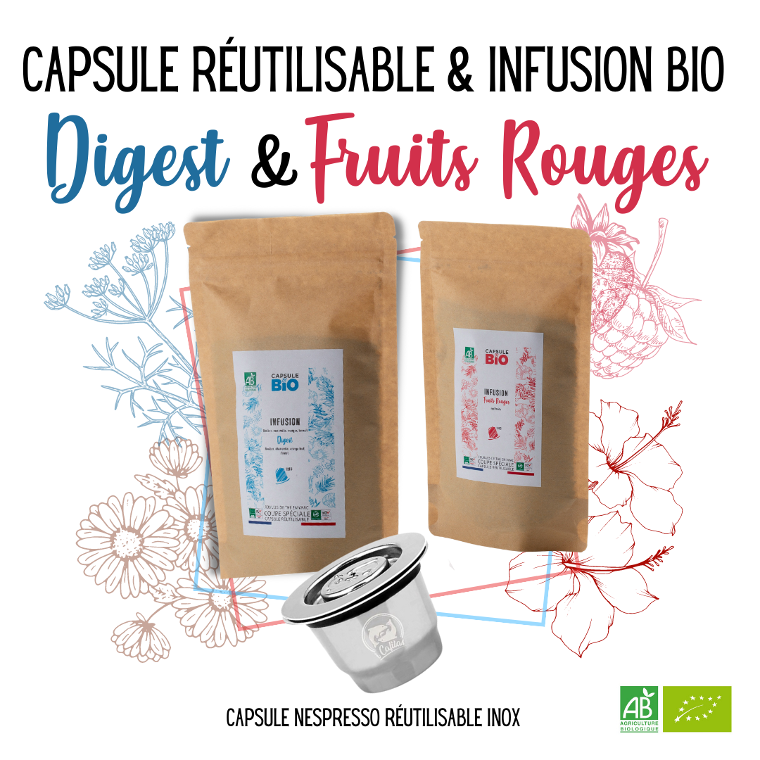 Capsulebio coffret capsule nespresso réutilisable inox et 2 sachets 100g infusions bio
