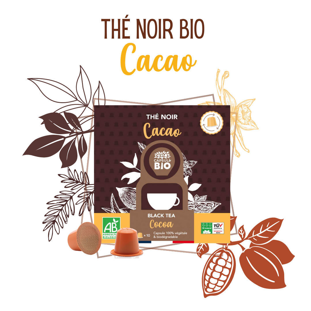 Thé noir cacao bio en capsule nespresso 100% végétale et biodégradable, made in France