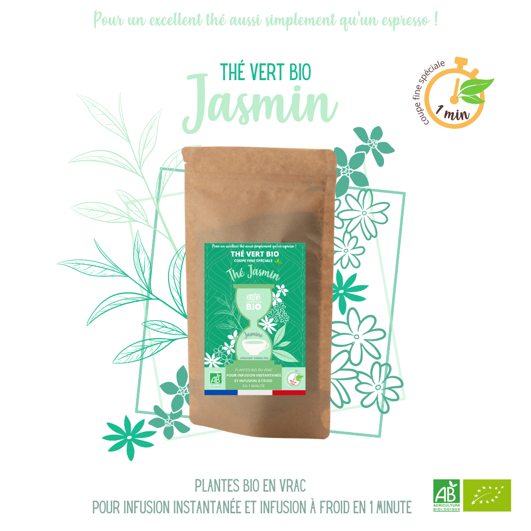 Thé jasmin bio en coupe fine spéciale infusion instantanée - pour infusion eau froide ou eau chaude