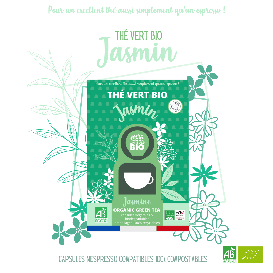 Thé au jasmin bio en capsules nespresso compatibles, fabriquées en France et 100% home-compostable