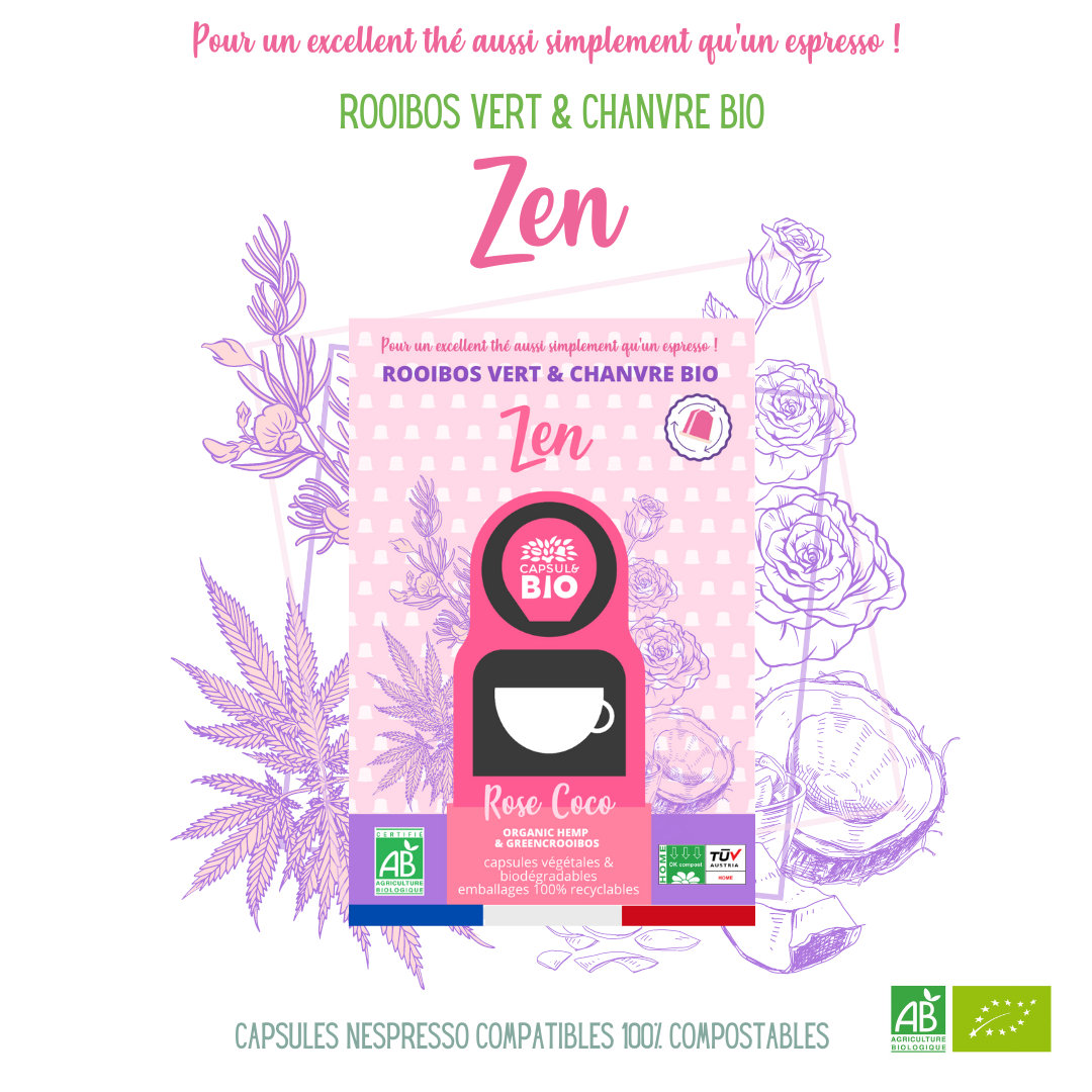 Tisane zen Rooïbos vert, fleurs et feuilles chanvre bio, rose coco, capsules nespresso® compatibles.