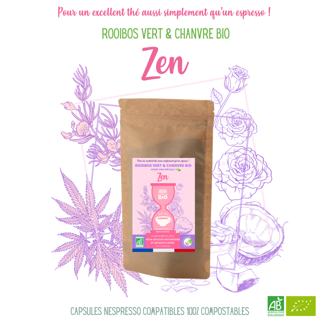 Capsulebio - Tisane ZEN rooibos vert, chanvre bio, rose coco. Sachet vrac 125g.